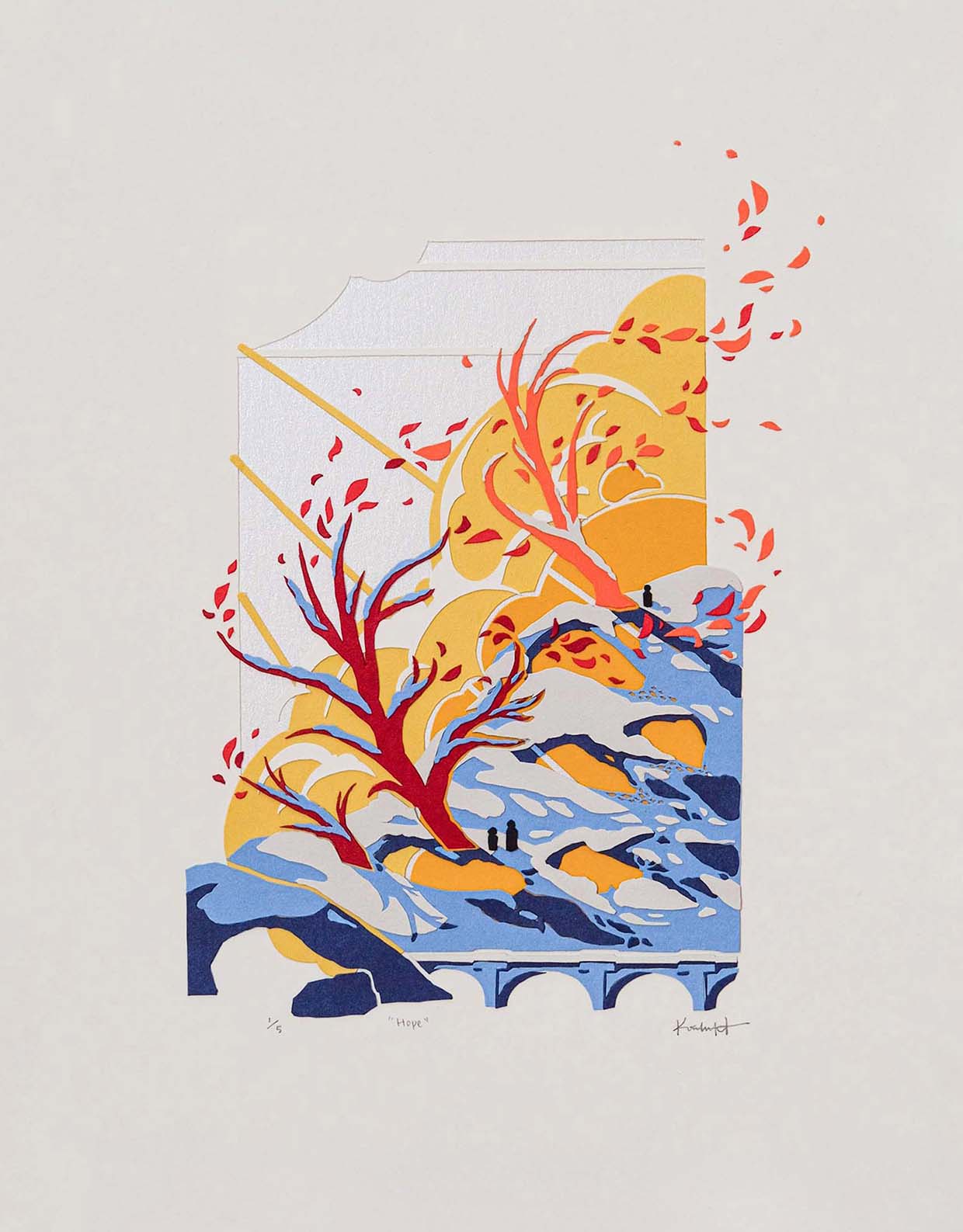 In a winter scene, one orange tree and one red tree jut out from arches of blue snow. Leaves swirl from the ends of their branches in front of golden clouds and rays of light.