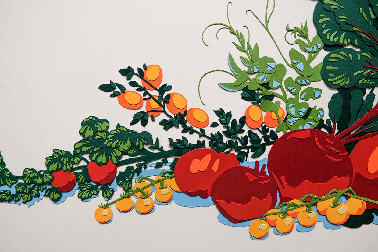 Another close up reveals the various colors and details in the tomatoes and kumquats.