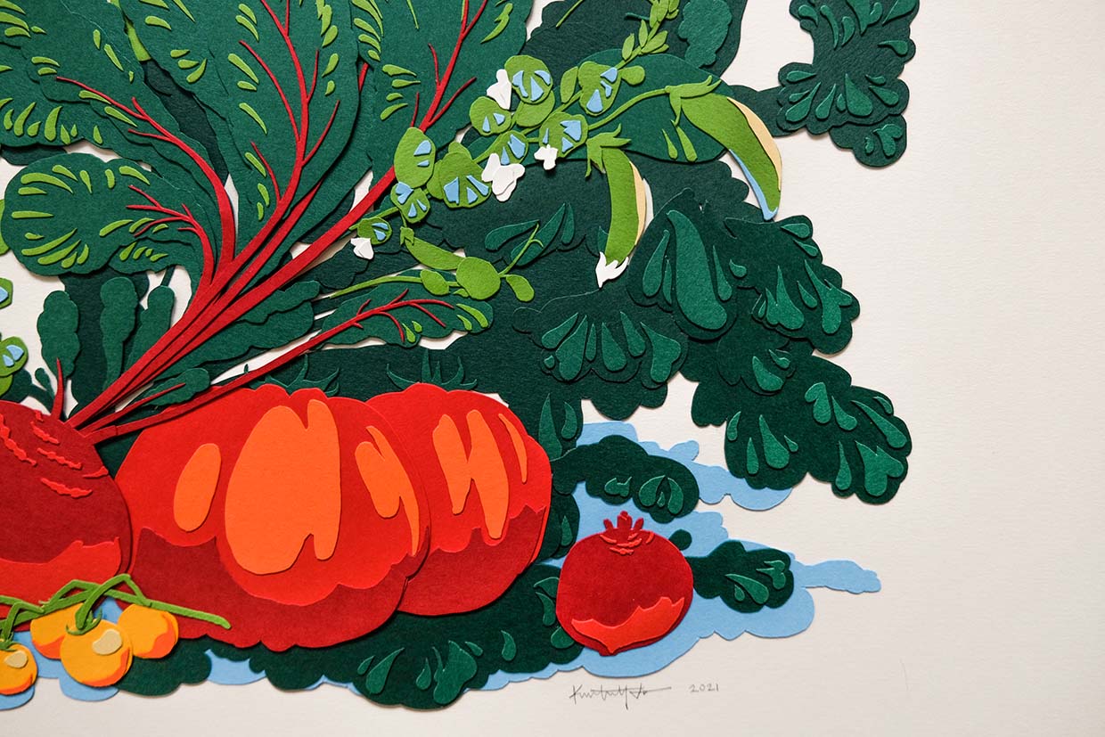 Another detail depicts the layering of various flowing greens in the leaves and various oranges and reds on the tomatoes.