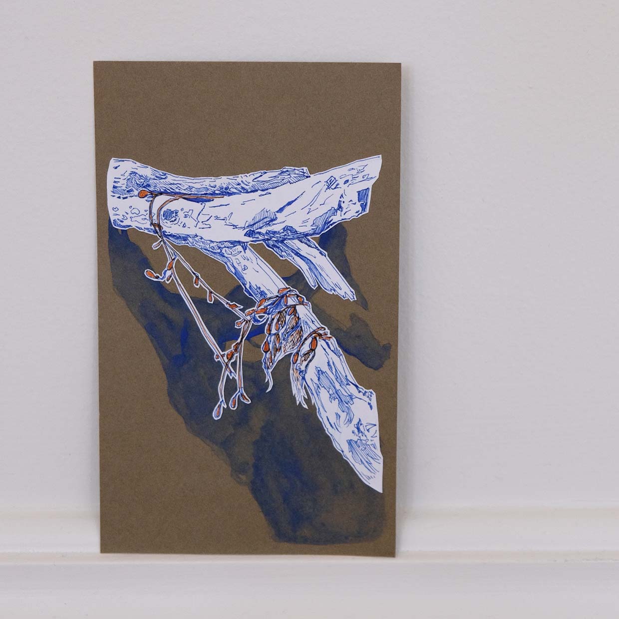 A blue ink drawing depicts a large piece of driftwood draped with reddish-brown kelp. The drawing is cut out of white paper and casts a blue watercolor shadow on a background of brown paper.