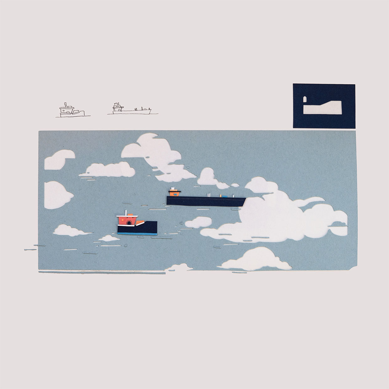 Two small paper ships of navy, white, and warm tones sail across a blue paper sea punctuated by cut out clouds. Simple sketches of the ships and an abstract cutout of navy paper accompany the ships.