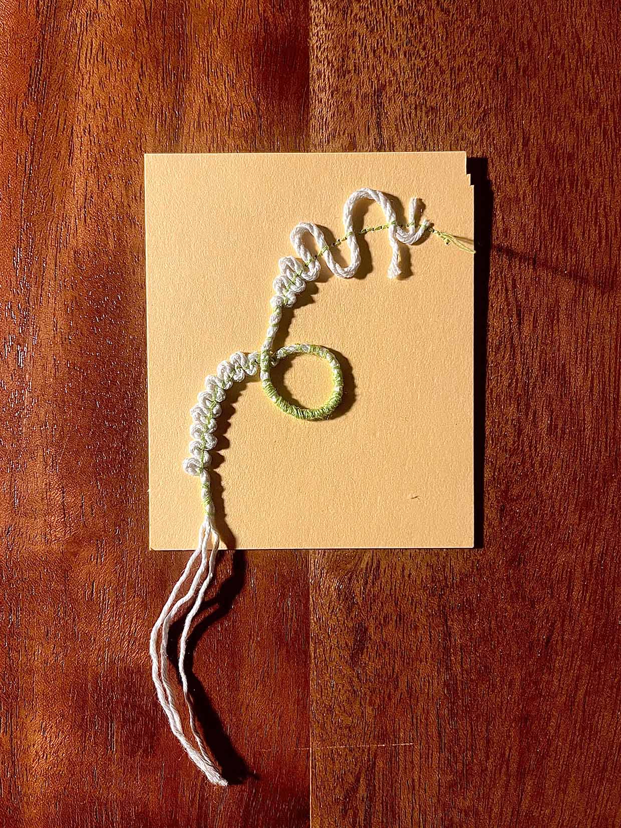 White cotton twine, affixed with grass green thread, roaming in squiggles and loops across peach-toned paper.