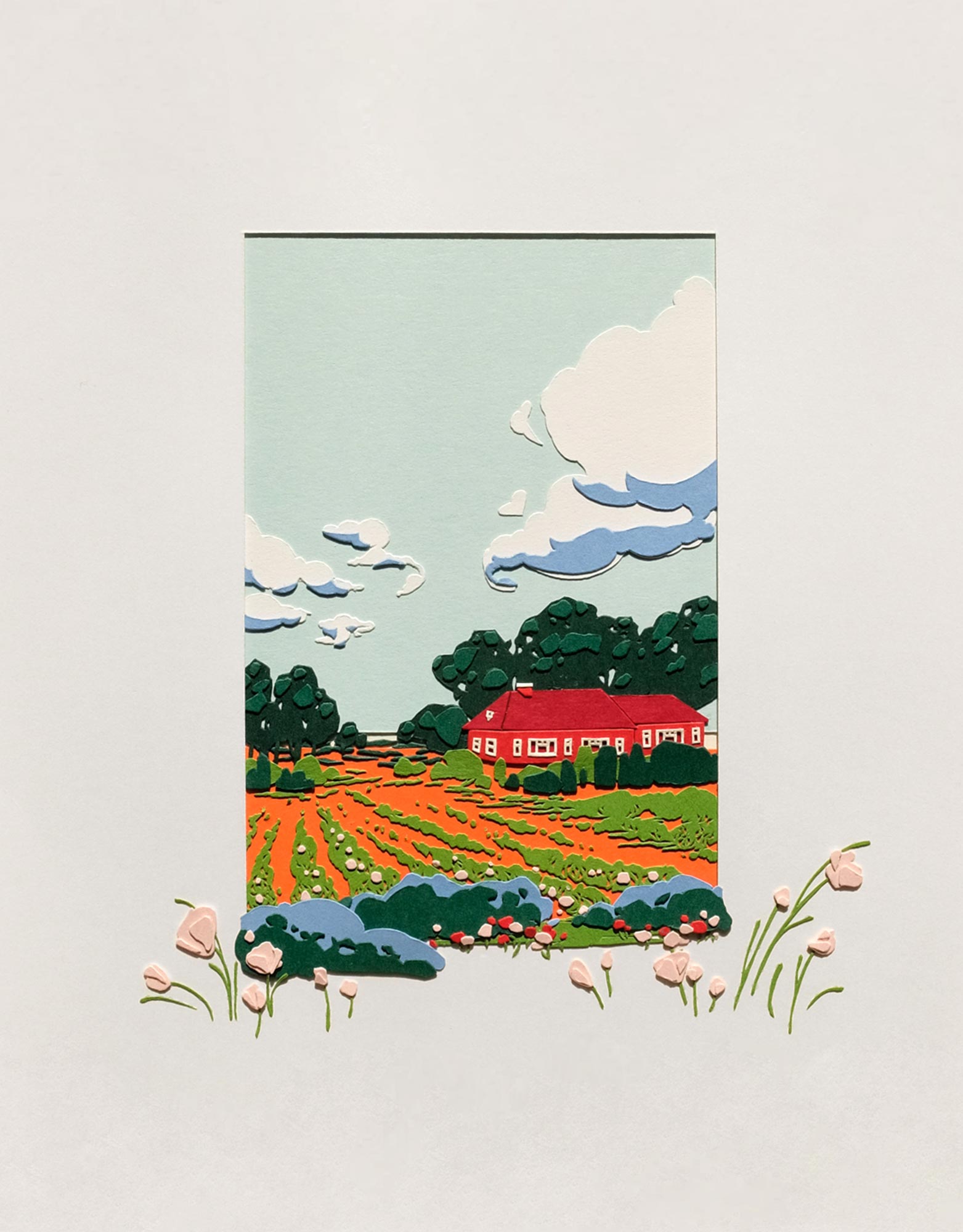 A red paper cottage is nestled in some paper trees on the right side of a floral field. The artwork sits within a white mat.